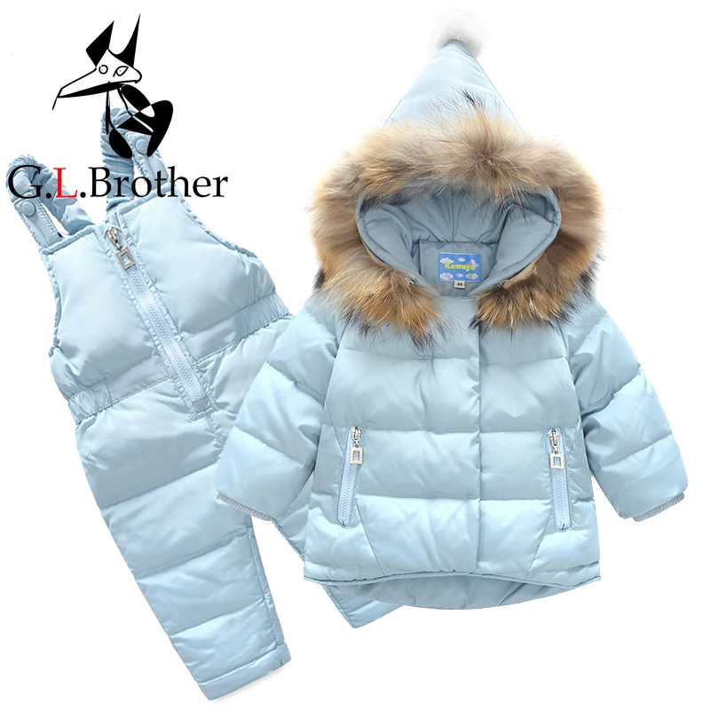 

New Winter Kids Snowsuit Baby Boys Ski Suit Children Clothing Sets Real Fur Collar Down Coat+Overalls Toddler Girls Snow Wear