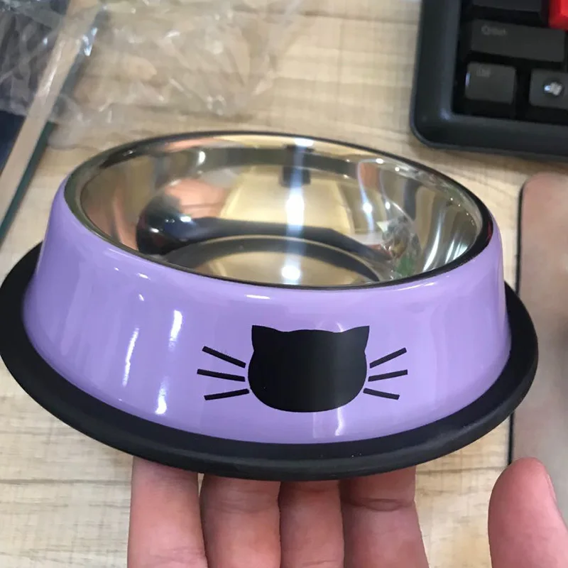 Посуда, толстая нескользящая миска для кошки, для домашних животных, для бассейна, посуда из нержавеющей стали, Для угощения для собак, металлическая Питьевая бутылочка ПЭТ-принадлежности - Цвет: Фиолетовый