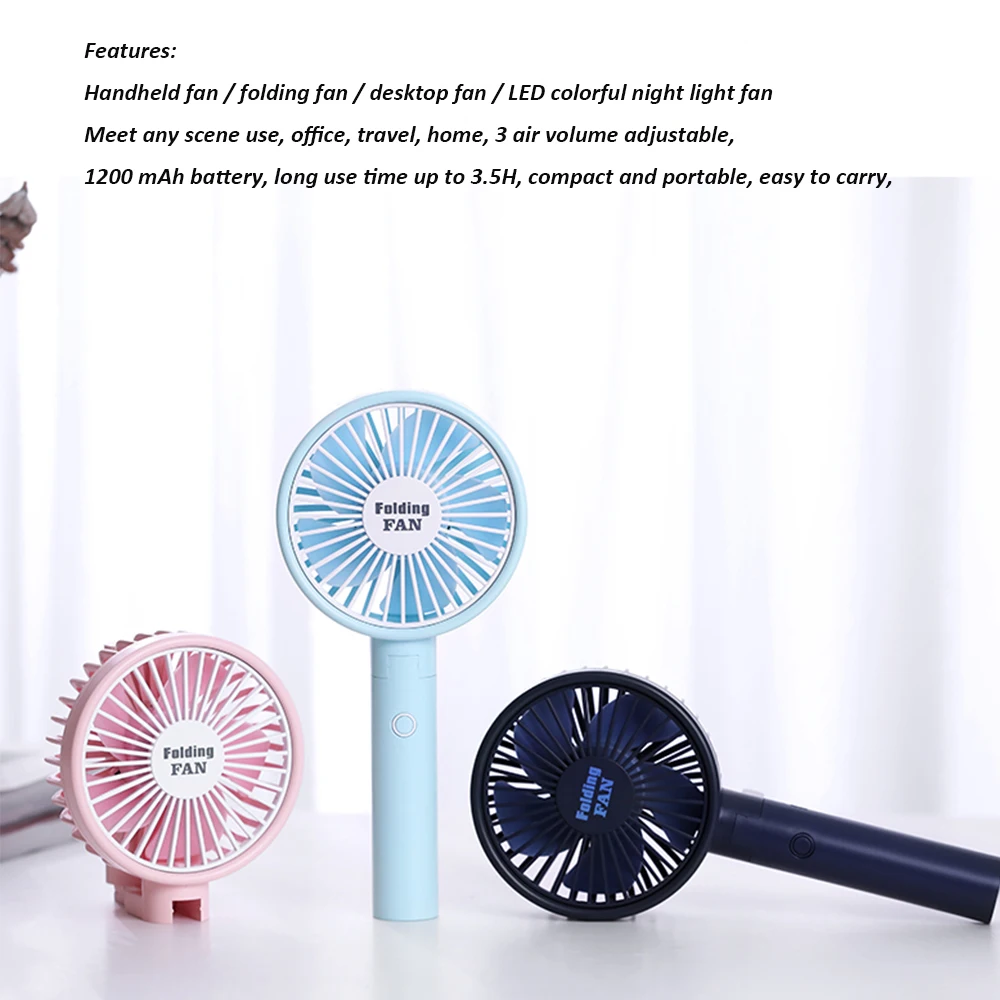 

USB Mini Folding Fan With LED Colorful Light 1200mAh Rechargeable Desktop Fan Outdoor Sports Portable Handheld Fan For Student