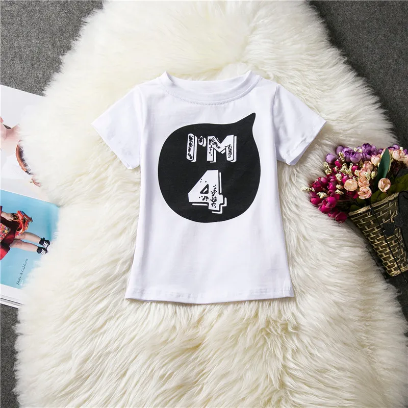 Летняя Повседневная Удобная детская одежда футболки с принтом цифр Детская Хлопковая футболка для мальчиков и девочек одежда на день рождения для детей 1, 2, 3, 4 лет - Цвет: White4