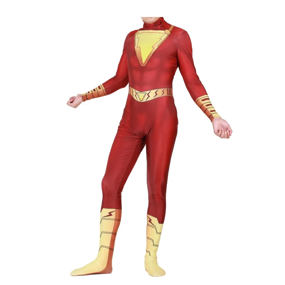 Adult kids DC Comics movie Golden Shazam superhero cosplay bodysuit suit jumpsuit costume Halloween