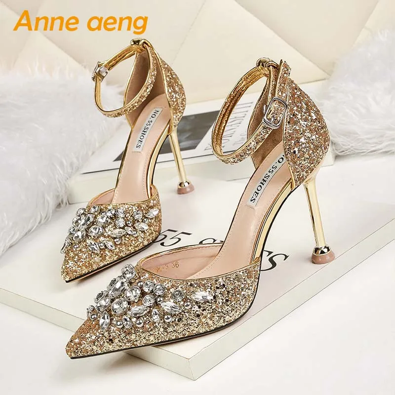 

2019 New Summer Women Sandals High Thin Heel Pointed Toe Buckle Crystal Bling Bridal Wedding Women Shoes Gold High Heel Sandals