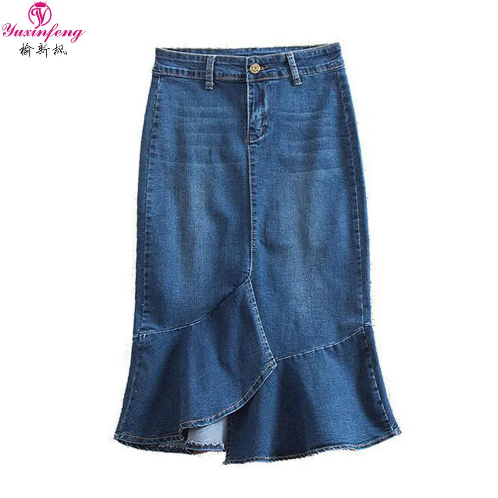 

Yuxinfeng Summer Plus Size Denim Skirts for Women Blue Stretch High Waist Pockets Low High Fishtail Skirt Knee Length 7XL 8XL