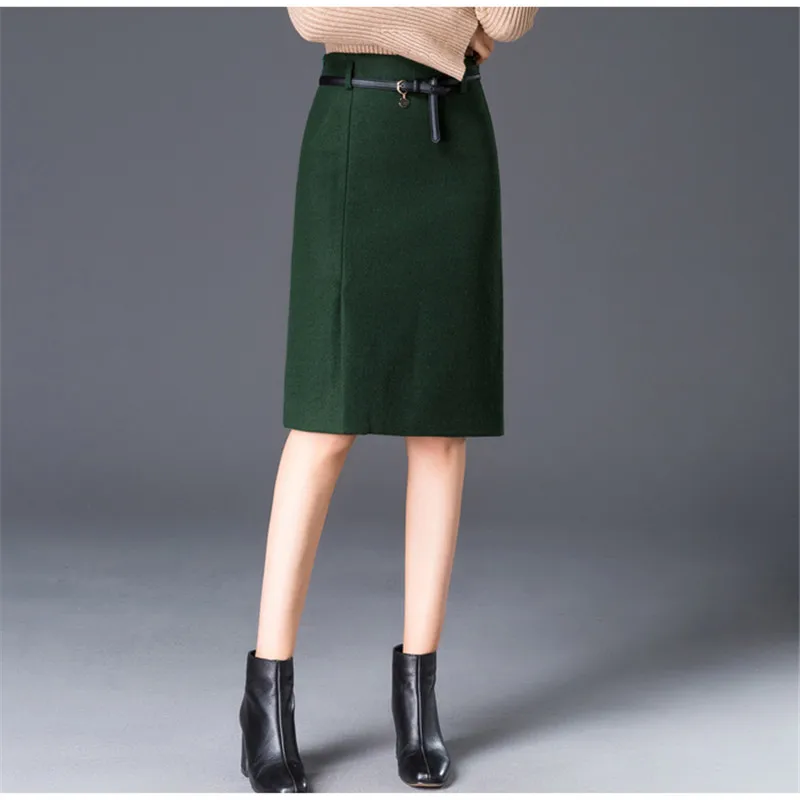 Осенне-зимняя новая шерстяная юбка средней длины с высокой талией, тонкая Зимняя юбка, модная однотонная шерстяная юбка большого размера LDT710