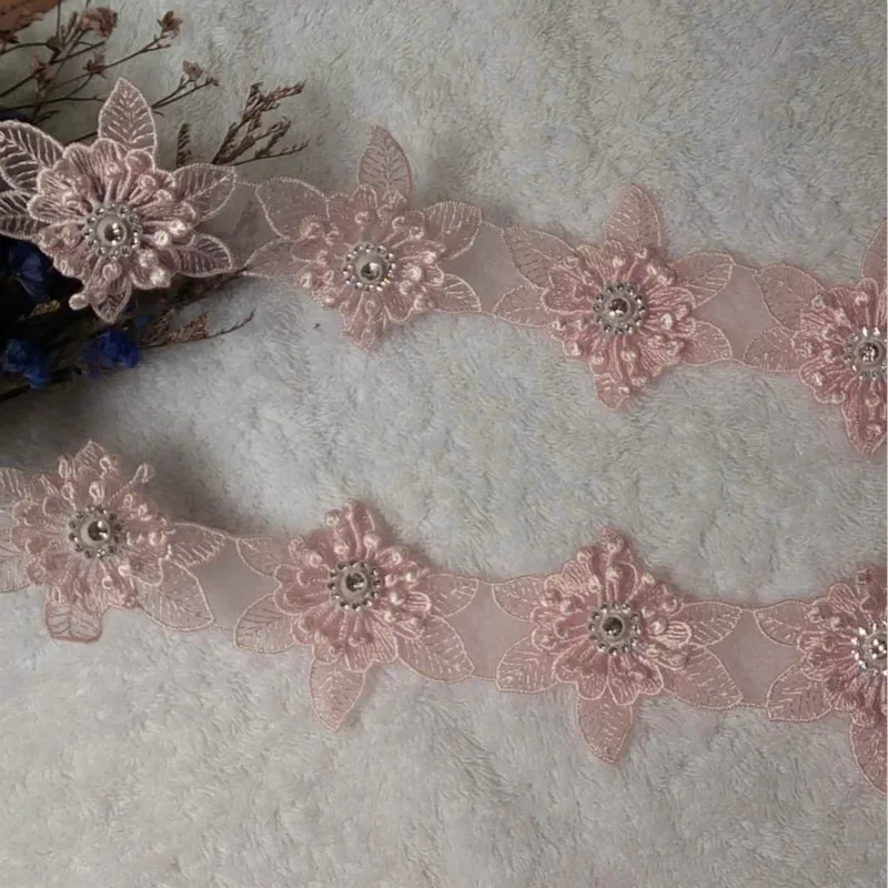 

1 yard Pink 3D Polyester Flowers Embroidered African Lace Trim Ribbon Fabric Handmade Sewing Craft For Costume New Decoration