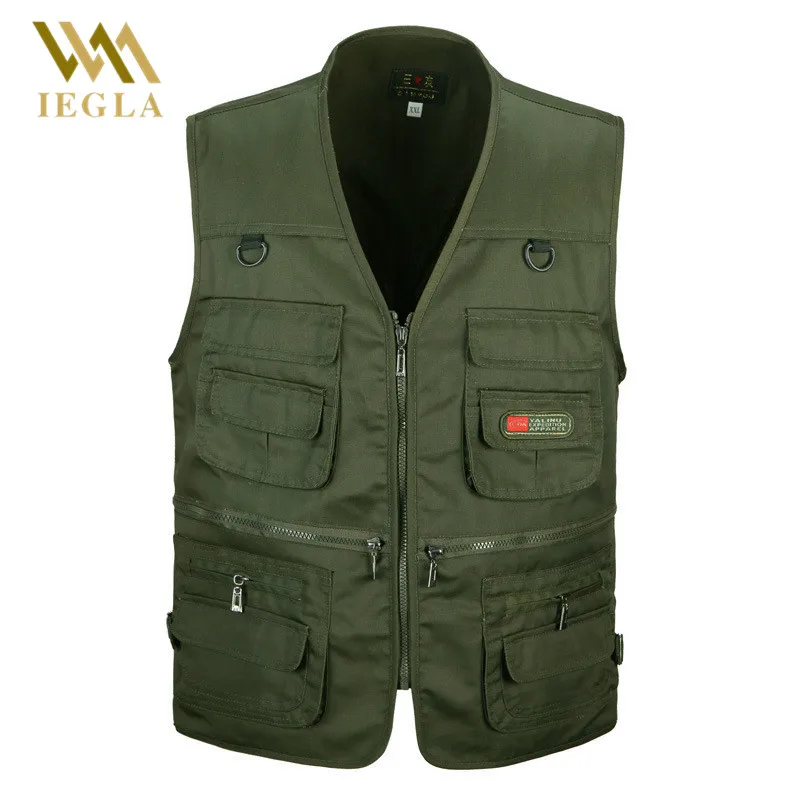 Online Chaleco de hombre de moda de algodón sin mangas chaquetas negro Casual de pesca chalecos con muchos bolsillos Chaleco de descarga