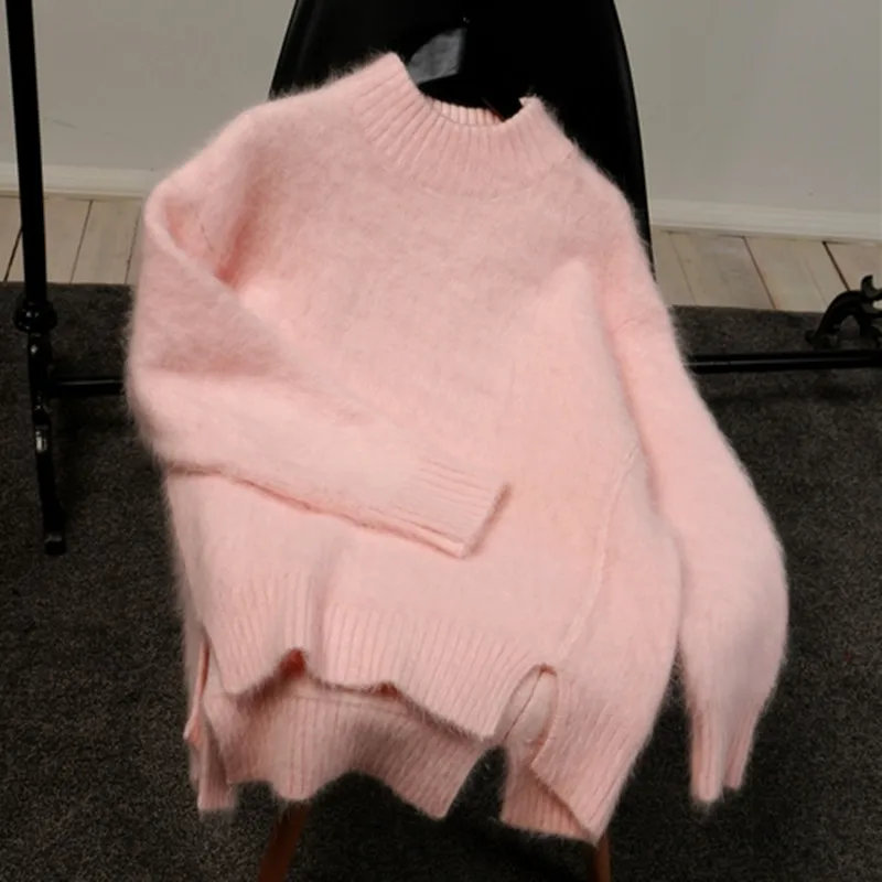 ZAWFL, осенний и зимний кашемировый свитер с имитацией норки, женский корейский Свободный вязаный пуловер с открытыми плечами, розовый и белый цвета