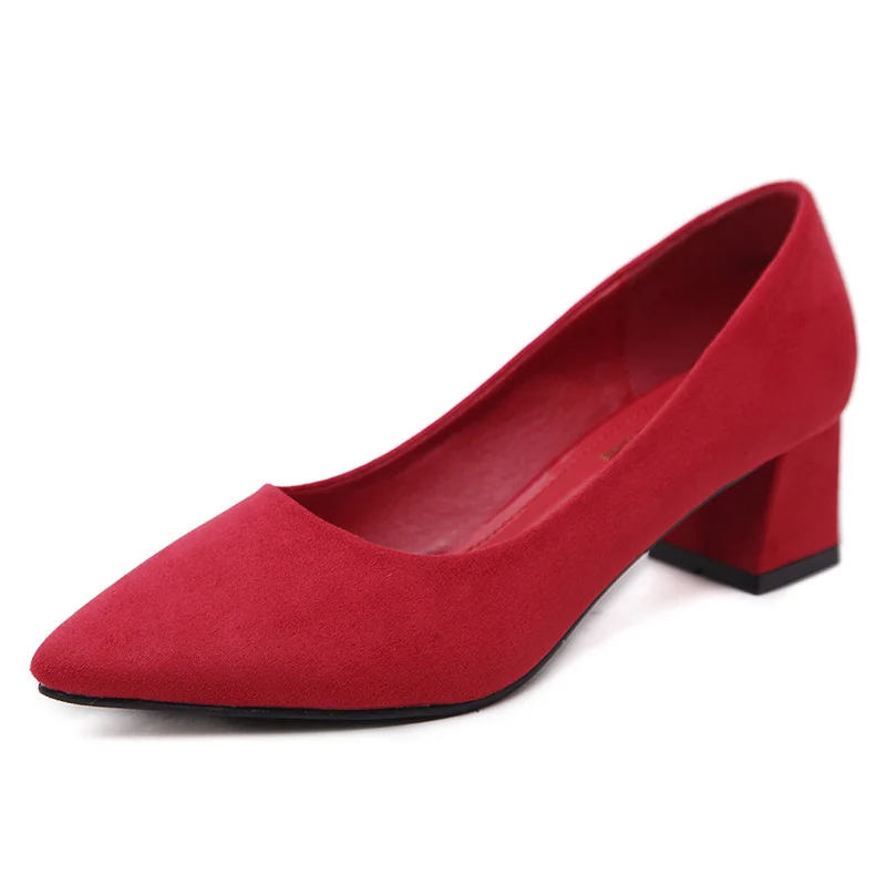 Pointed Top Strappy Pumps Med High Thick Heels Flock Shoes Women Female Office & Career 5 Colors women pumps shoes
