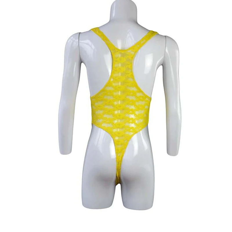 Men Underwear Sleeveless High Cut Jumpsuit Costume bodysuit men Sexy Men Lingerie One-piece Floral Lace Semi See-through Bodysuit Underwear