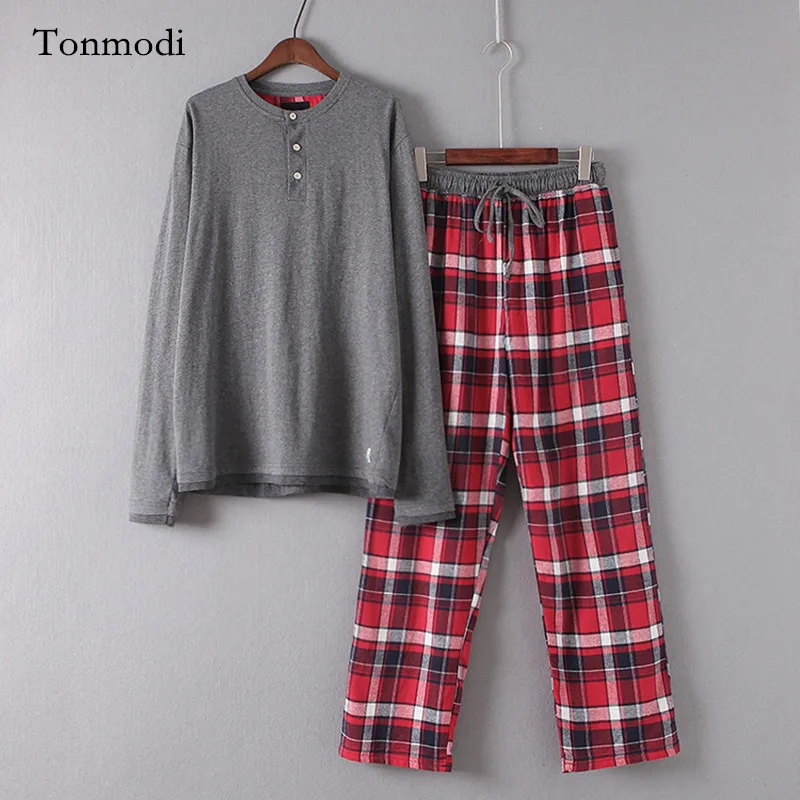 Pajamas for men 100 cotton knitted long sleeve Mens pyjamas lounge