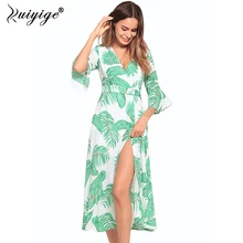 Banco Ruiyige 2018 Verão Impressão Chiffon Vestido Maxi Vestidos de Férias Sexy Decote Em V Divisão Revestimento Das Mulheres Meia Manga Longa Vestidos