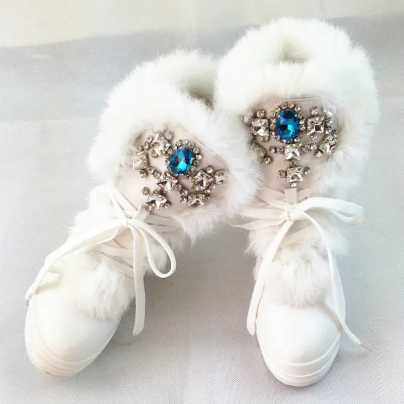 Real Rabbit Fur Winter Boots Rhinestones Diamond Fashion Snow Boots Thick Warm High-Top Women Shoes Large Size 40 41 1107W