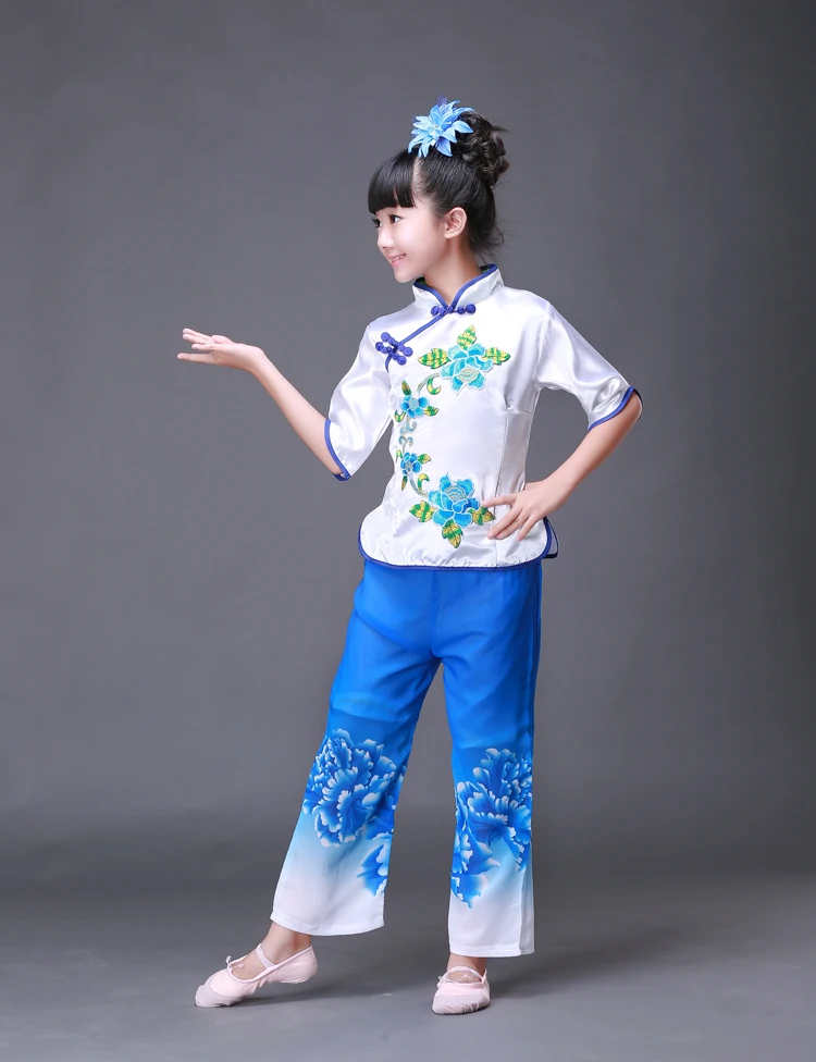 Новый Дизайн детская Китайская национальная танцевальный костюм для девочек Yangko танец костюм Китайский народный костюм для сцены perfoamce