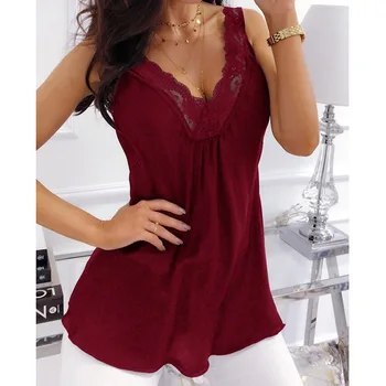 

Sexy Lace Patchwork V-neck Women's Tank Tops Plain Sleeveless White Tanks Top 2019 Summer Loose Plus Size 5XL Camisole Female