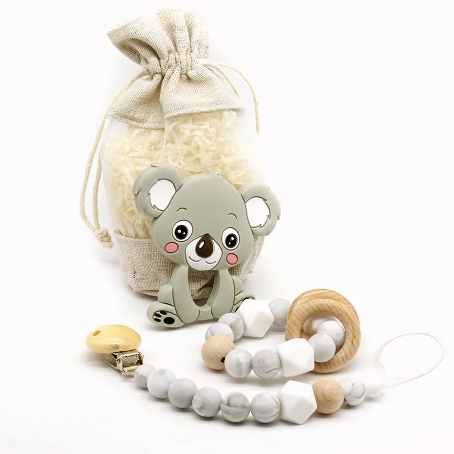 

Koala Pacifier Clip Wooden Organic and Silicone Beads 1PC Rattle Holder Chewable Baby Accessories pendant