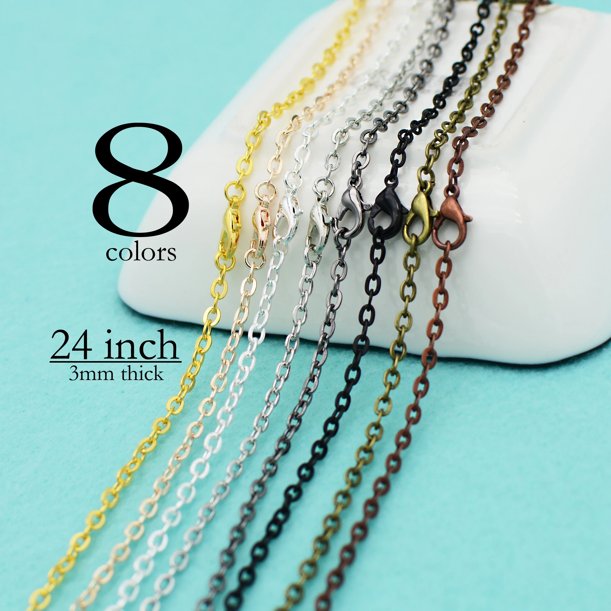

20 pcs - 24 inch Cable Chain, 60cm Rolo Chain, 3mm Oval Link 24'' Plain Chain, 24 Inch Silver Chain Necklace 8 Colors