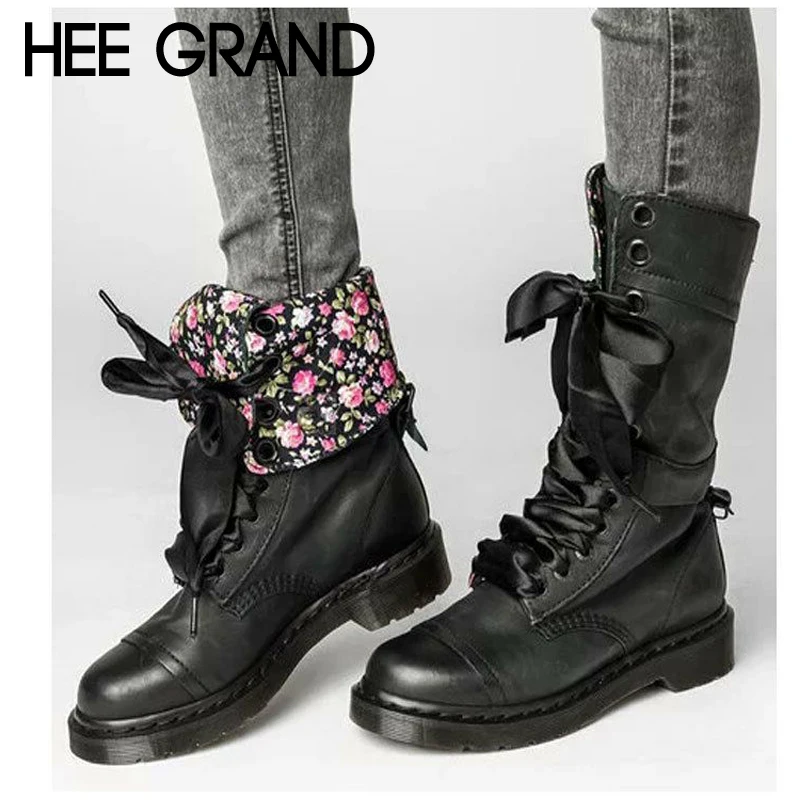 

HEE GRAND Winter Women Ankle Boots Round Toe Solid Shoes Cotton Fabric Lace Up Square Heel Knight Boots Plus Size 35-43 XWX7221