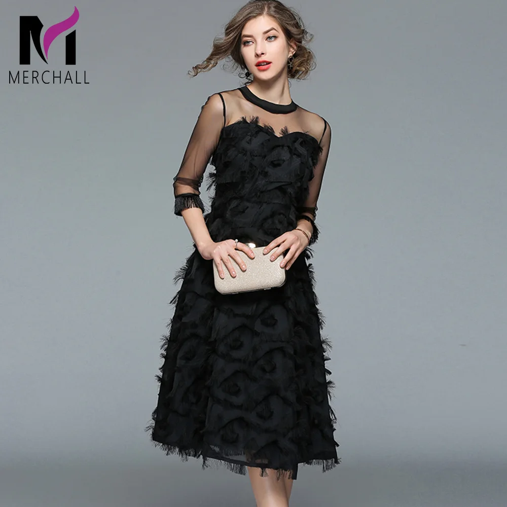 

6163 New Spring summer women ladies sexy mesh black dress fashion tassel feather casual slim vintage party dresses vestidos Robe