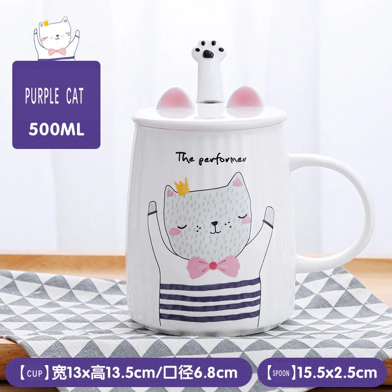 

Cute Cat Animal Milk Mug Ceramic Creative Coffee Porcelain Tea Cup Nice Gifts 4 Colour Availiable Cartoon With Lid and Spoon