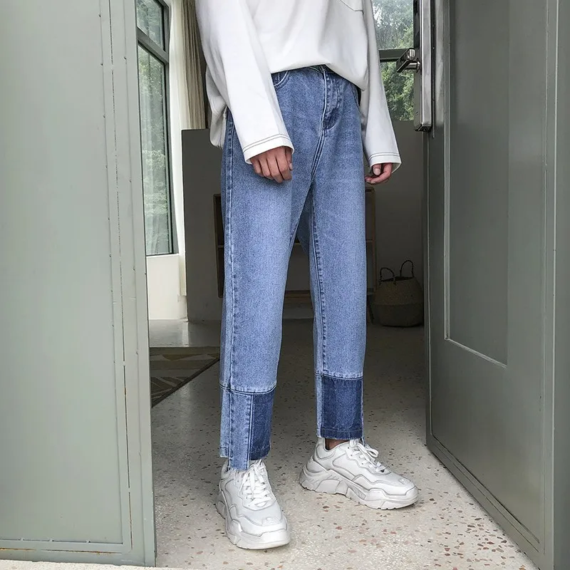 

2018 Korean Autumn Men's Fashion Tide Hip-Hop Style Washed Cowboy Splice Color Straight-leg Pants Casual Denim Trousers M-3XL