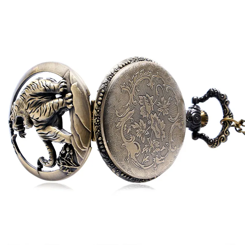 Античный стимпанк Полый Бронзовый Винтаж Китайский Зодиак тигр кварцевые карманные часы Цепочки и ожерелья подвеска для Для женщин Для