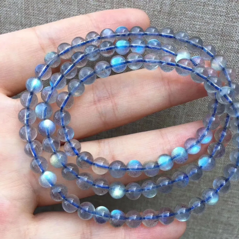 Genuine Natural Blue Labradorite Bracelets 5mm Blue Lights 3 Laps Lady Stretch Necklace Crystal Round Beads Bracelet (5)