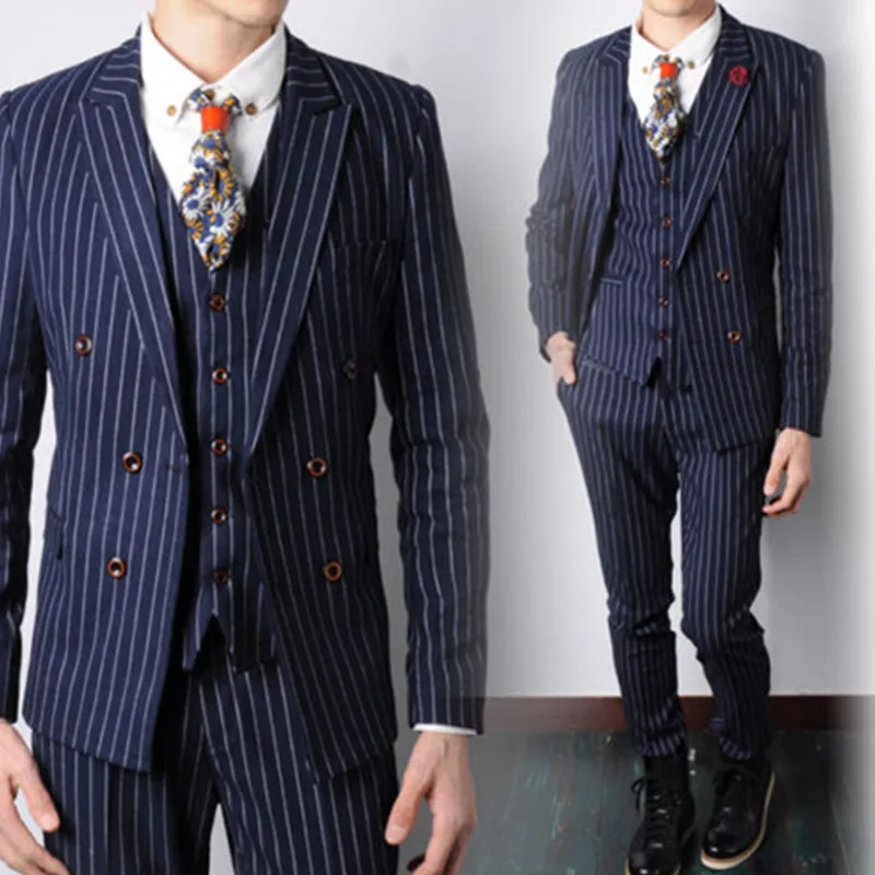 Мужские дизайнерские костюмы темно-синие полосатые Модные мужские формальные костюмы свадебные костюмы для мужчин костюм для выпускного вечера
