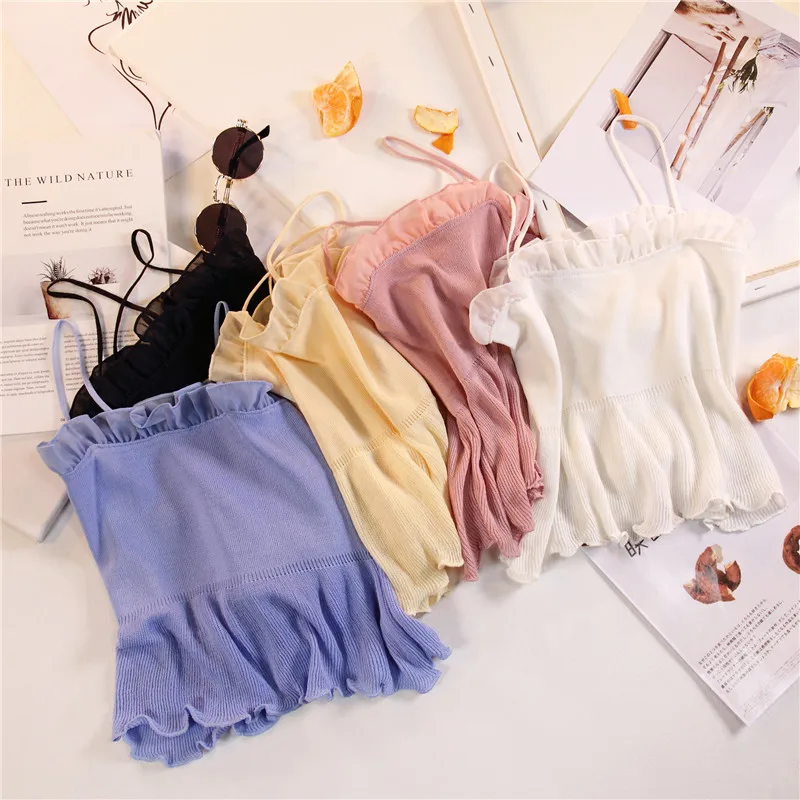 

Women Fashion Knitting Patchwork Chiffon Ruffles Neck Cropped Tanks Tops Girls Knitted Tee shirts Camis crop Tops Female