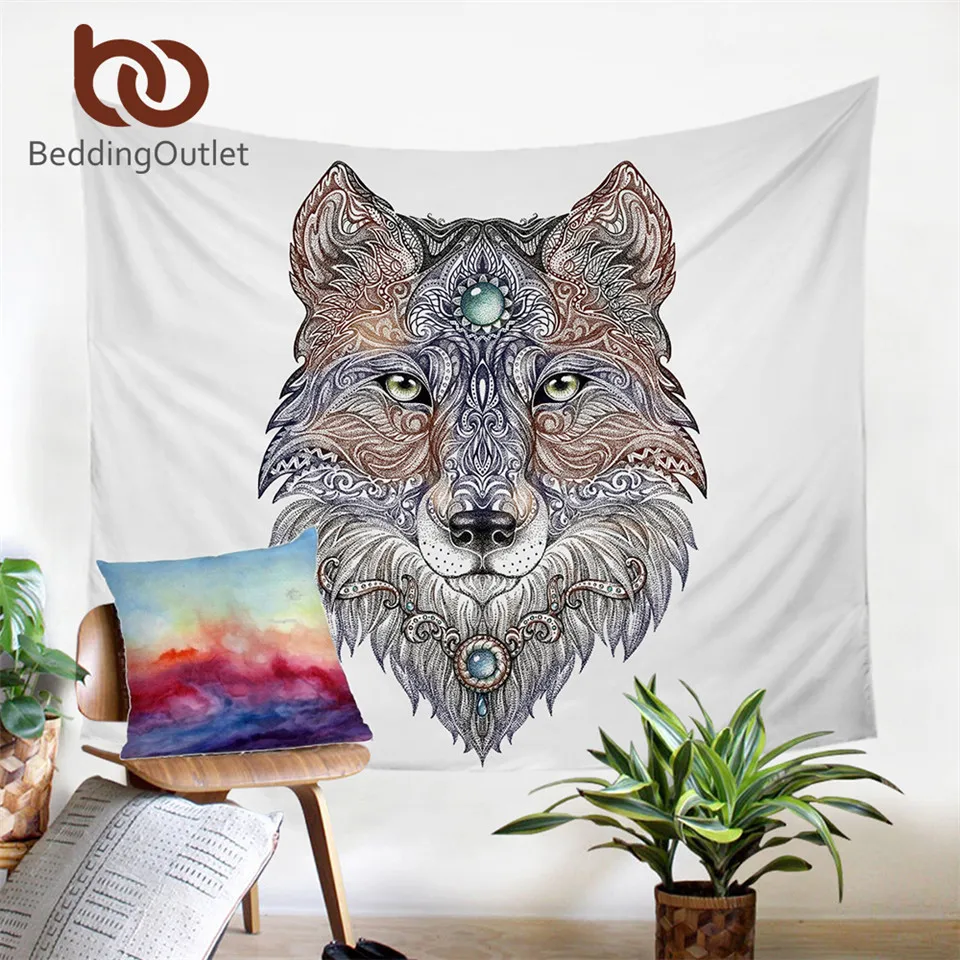 

BeddingOutlet Tattoo Head Wolf Tapestry Wild Beast Wall Carpet Noble Animal Printed Life Wall Sheet 2 Sizes White Home Decor