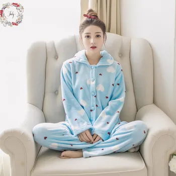 

Cartoon Bunny Print Embroidery Flannel Femme Pajamas Set Warm SexyPyjama 2019 loose coral homewear warm nifhtwear fashion
