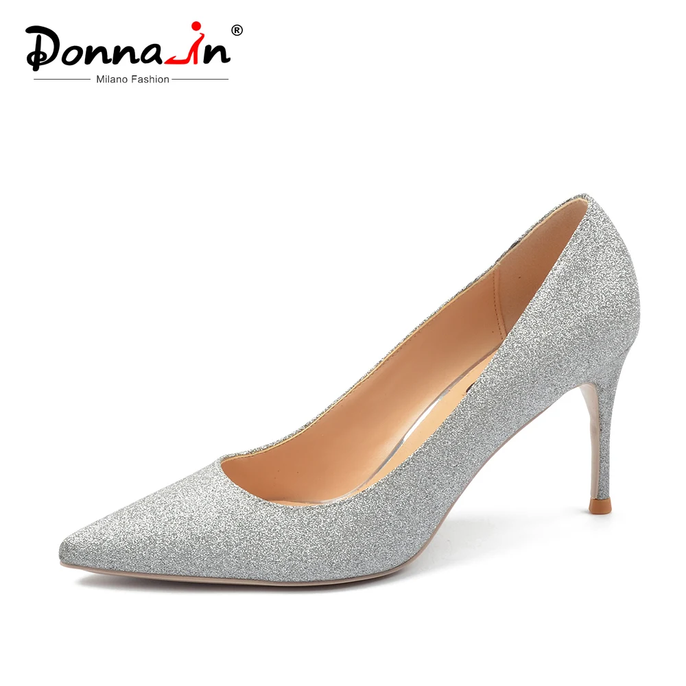 

Donna-in High Heels Women Pumps Shoes Silver Pointed Toe 8cm Fashion Sexy Comfortable Size 45 Glitter Female Shoes Party Office