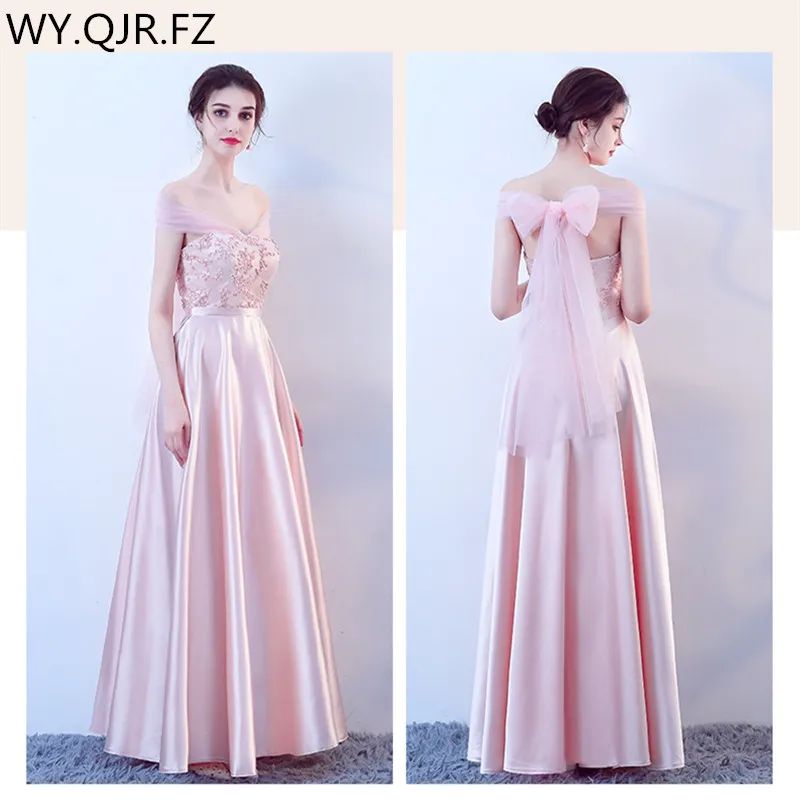 

KBS019C#Peach pink lace up Boat Neck long Bridesmaid dresses wedding party dress 2019 gown prom wholesale cheap fashion women