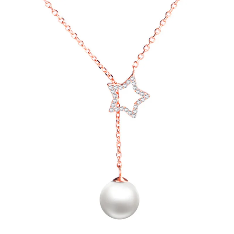 

Hight Quality Fashion New Star Shiny Zircon Pearl Design 925 Sterling Silver Necklaces Short Chain for Women Jewelry Gift