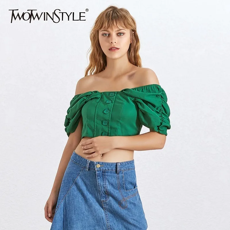 

TWOTWINSTYLE Summer Slash Neck Women Shirt Off Shoulder Puff Sleeve Button Slim 2019 Crop Top Blouse Female Fashion New Korean