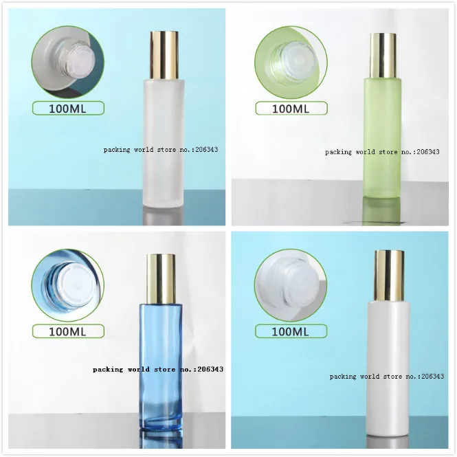 

100ml frosted/green/blue/white glass bottle shiny gold lid plastic stopper for serum/lotion/emulsion/toner cosmetic packing