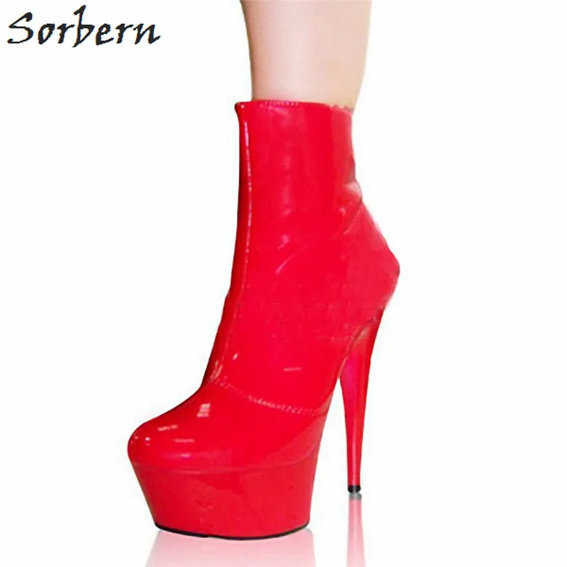 

Sorbern Red Patent Leather Ankle Boots 15Cm Spike Super High Heels China Size 35-46 Platform 5Cm Zipeer Ankle Boots For Women