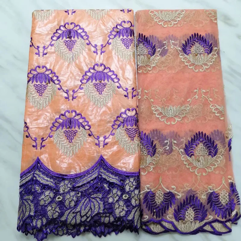 

high quality African party lace fabric guipure lace bordered bazin fabric with embroidery plus French lace 5+2yards/set BLS34