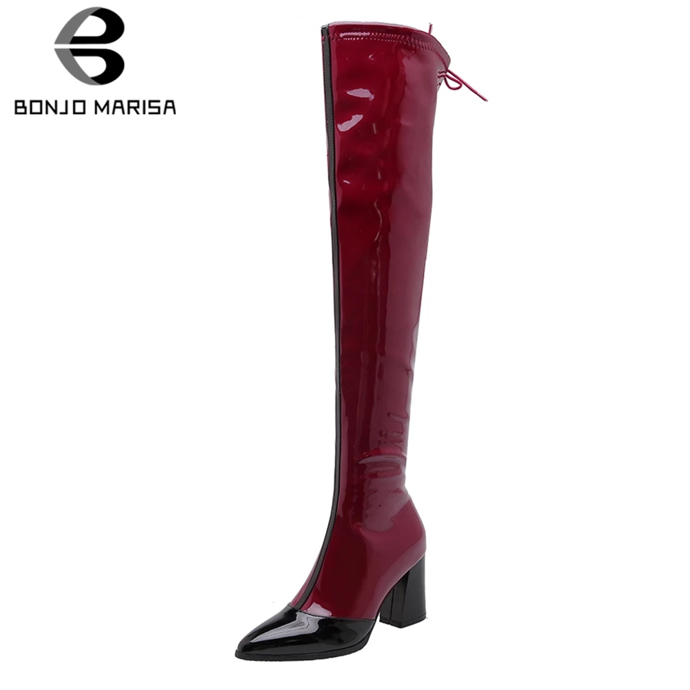 

BONJOMARISA New Plus Size 32-48 Add Fur Warm Winter Boots Women Shoes Woman Platform Chunky Heels Over Knee Thigh High Boots