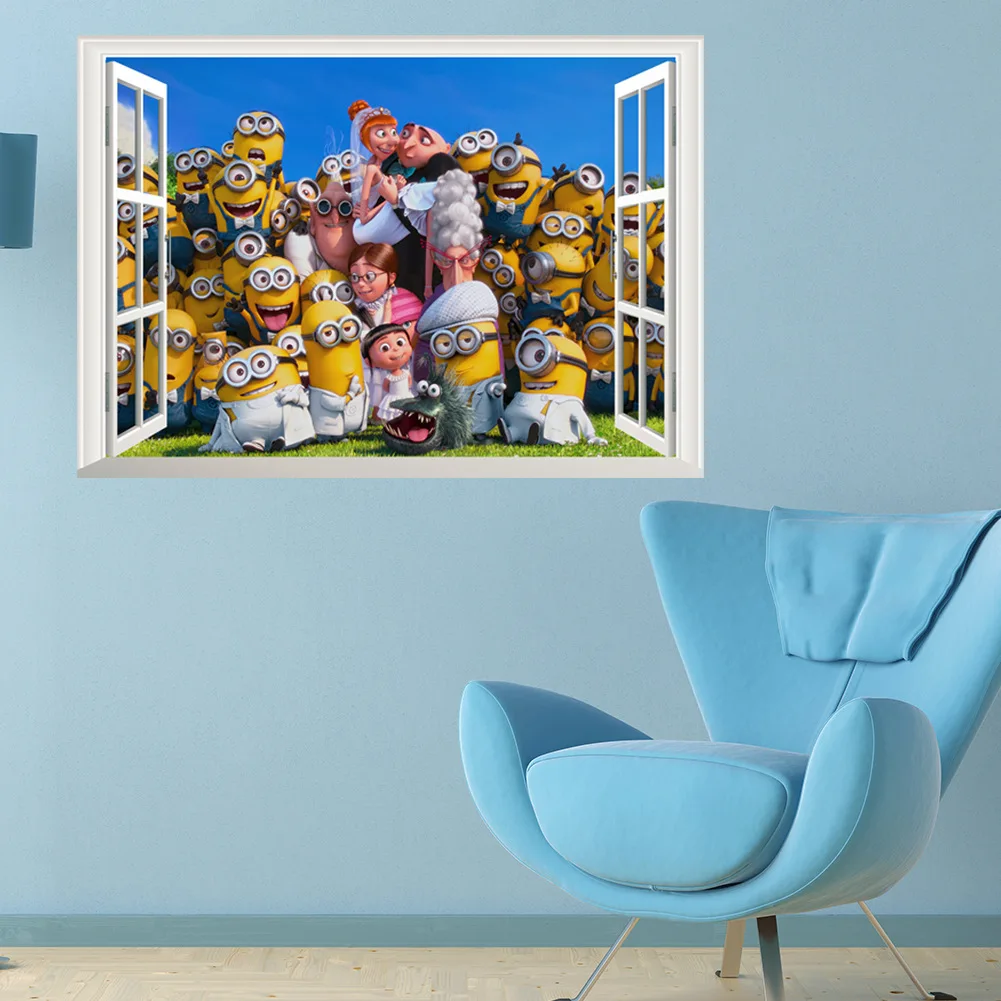 Мультфильм 3D Миньоны окно желтый мальчик Наклейка на стену на праздник разбитая детская комната спальня декораон виниловые художественные наклейки Фреска плакат