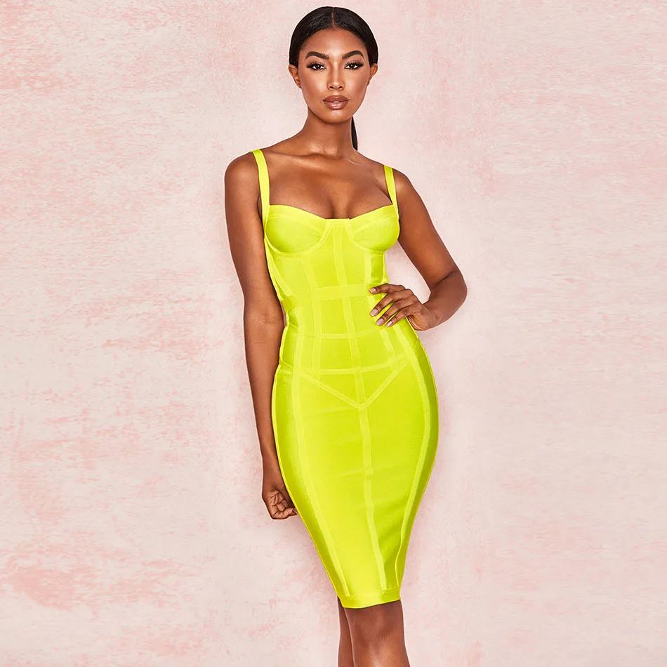 

Fluorescent Green Spaghetti Strap Sleeveless Knee Length Bodycon Dress Women Square Neck Backless Bandage Robe Party Dresses
