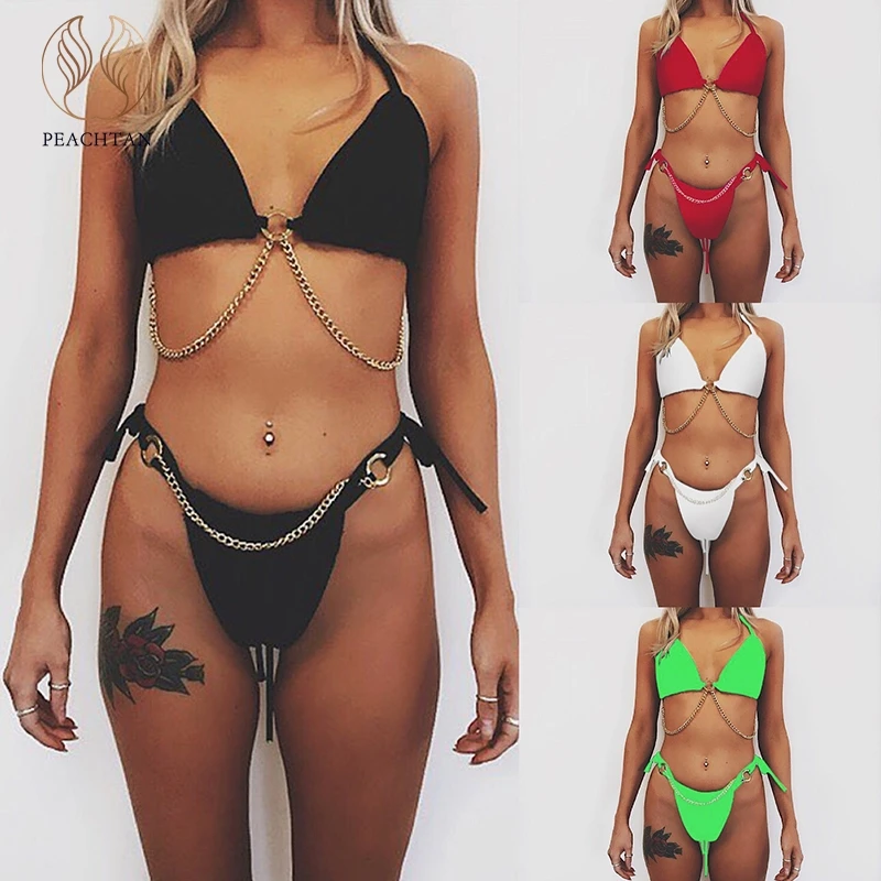 

Peachtan Halter triangle bikinis 2019 mujer Chain sexy swimsuit female bathers Neon biquini Plus size swimwear women bathers new