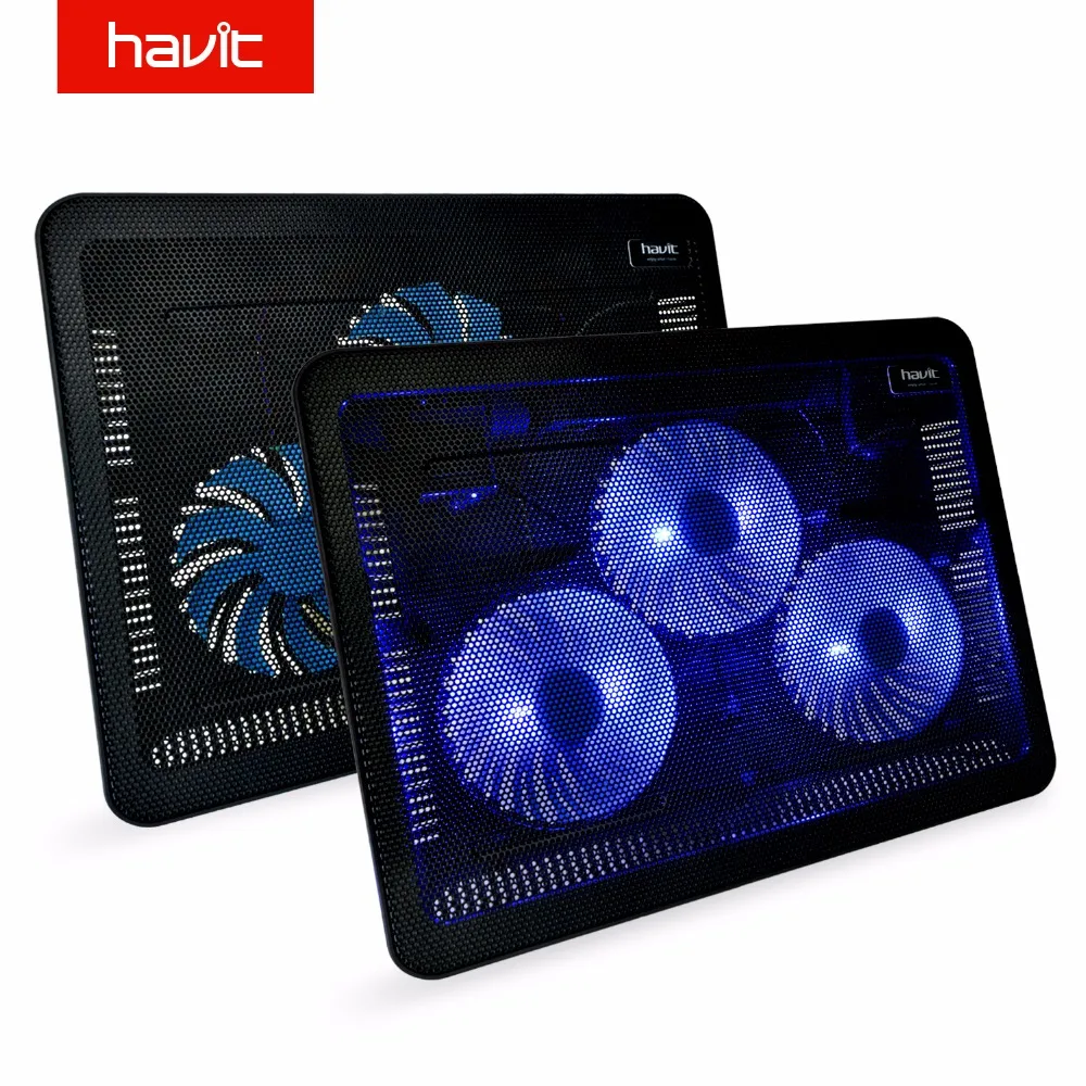 Online Ventilador HAVIT enfriamiento silencioso portátil almohadilla azul LED portátil enfriador de computadora portátil USB con 3 ventiladores para 15 \
