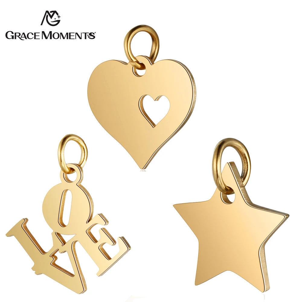 

30pcs/Lot 316L Stainless Steel Charms Gold Color Hollow Out Love Hearts Star Charms Pendants for Jewelry Making DIY Accessory