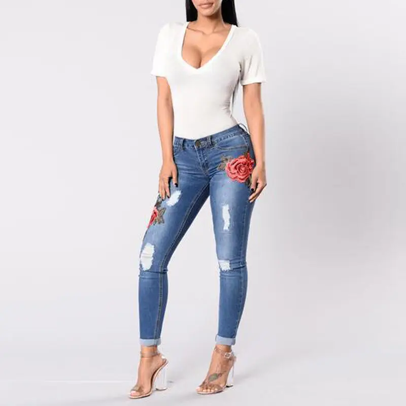 Новинка, женские винтажные джинсы с вышитыми цветами, с высокой талией, сексуальные рваные узкие Стрейчевые джинсовые штаны, большие размеры 3XL