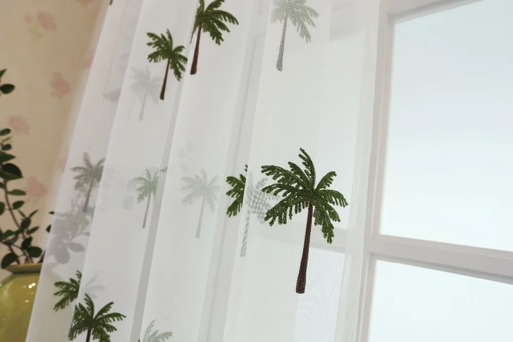Simple Modern Coconut Tree Screen Embroidery Sheer Voile Window Drapes for Living Room Door Lace Curtains A966 (9)