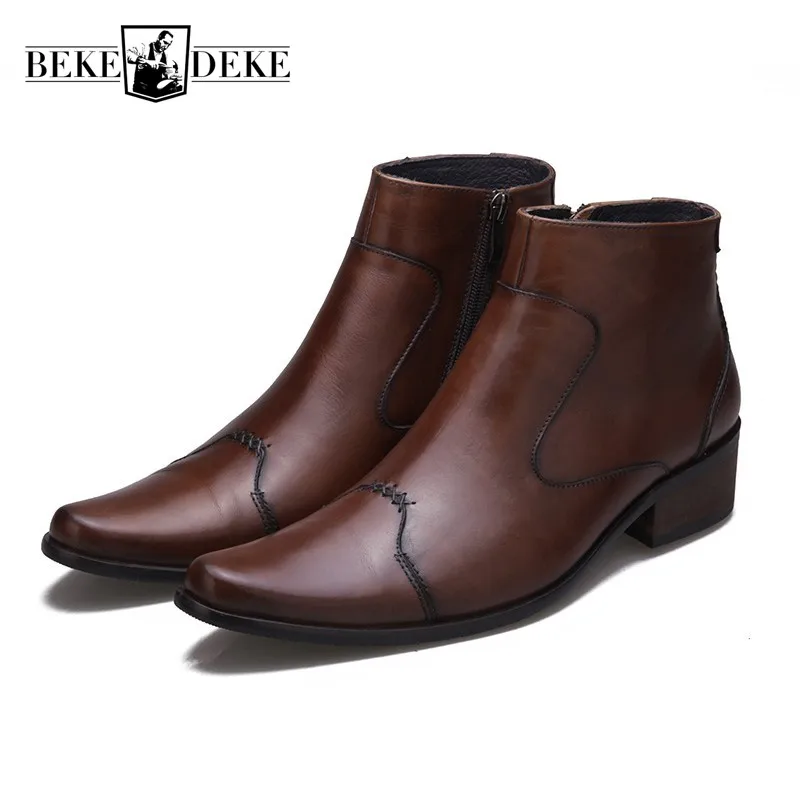 Italian Business Men Pointed Toe Block Med Heels Formal Ankle Boots Luxury Genuine Leather