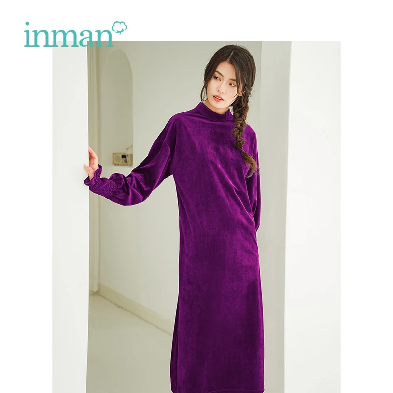 

INMAN 2018 Autumn New Arrival Velvet Surface High Neck Elegant H Shape Women Retro Knee-Length Dress