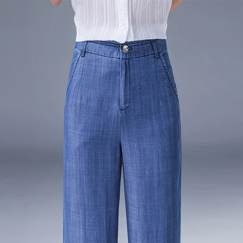 Women's Straight High Waist Tencel Cotton Jeans Female Long Wide-legged Trousers Fashion Thin Loose Leisure Elegent Jeans Blue