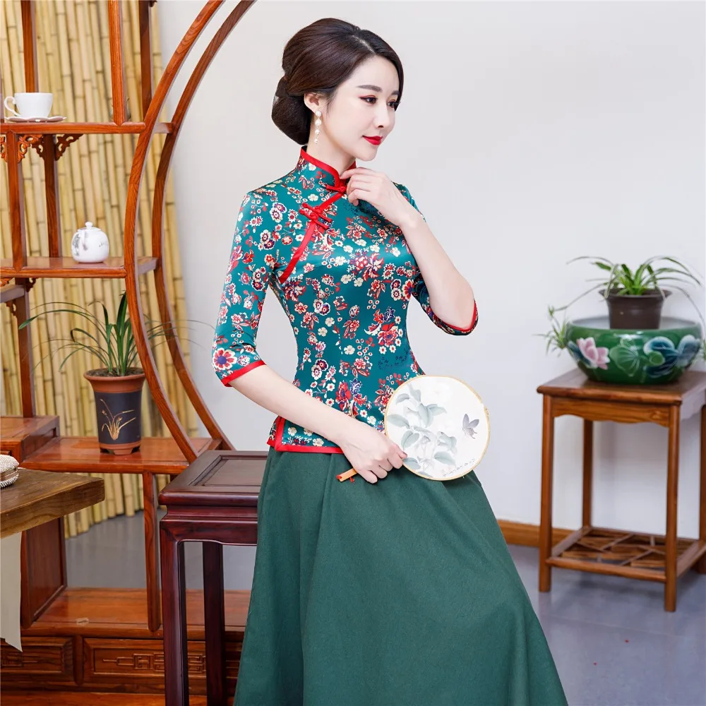 Шанхай история цветочный Cheongsam рубашка Qipao топ с рукавом 3/4 Китайский традиционный топ из искусственного шелка китайская блузка для женщин