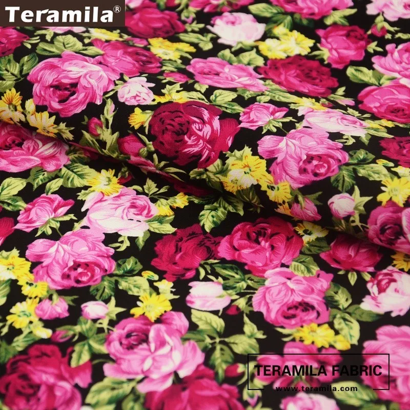 Teramila Cotton Poplin Fabric Fat Quarter Meter Quilting Printed Pink Blooming Rose Design Dress Shirt Decoration Cloth Sewing|cotton poplin